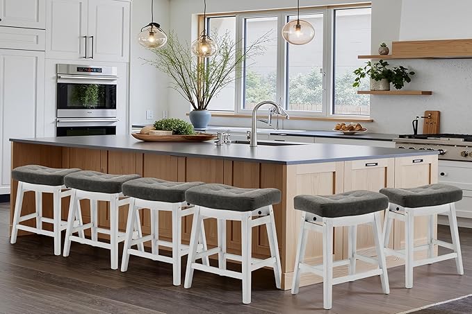 RNKSFX Counter Height Bar Stools Set of 6 for Kitchen Counter Farmhouse Modern Barstools with Faux Leather Upholstered Backless Seat and Solid Wood Legs 24 inch Bar Chairs, Grey + White
