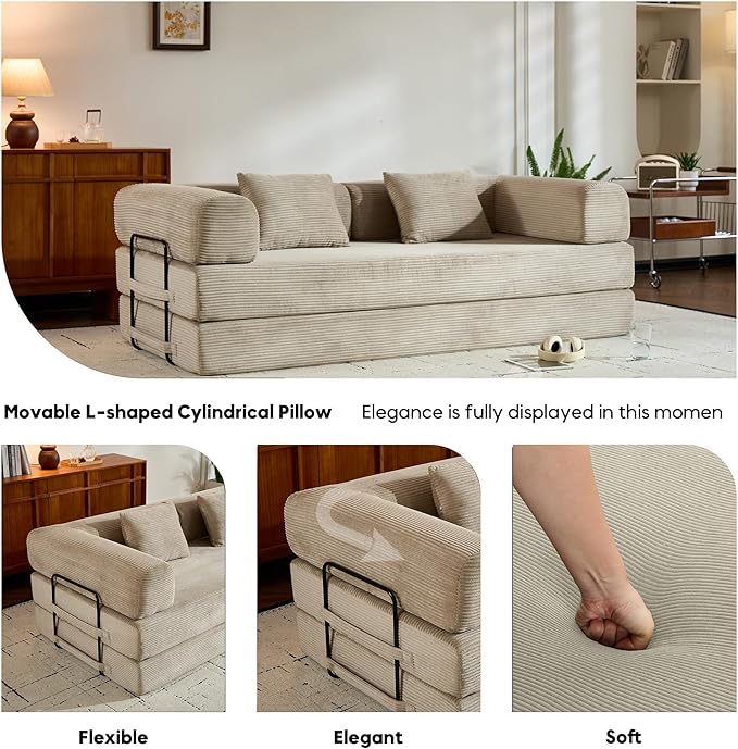 ZEIINPA Corduroy Floor Sofa Bed, Convertible Folding Couch Bed with Fixed-Shape Frame and Armrest for Living Room Bedroom Lounge Studio-Beige