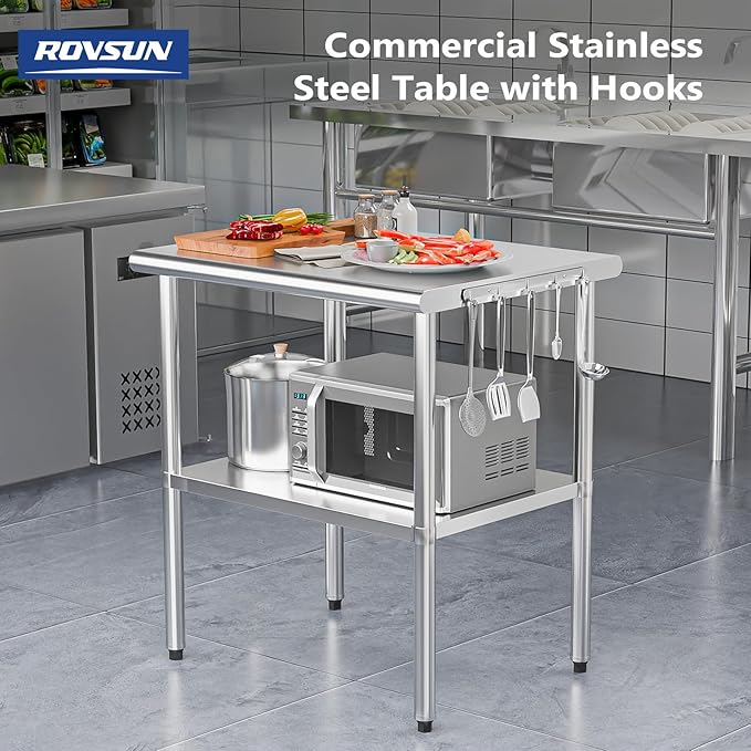 ROVSUN 36'' x 24'' Stainless Steel Table for Prep & Work,Commercial Worktables & Workstations, NSF Heavy Duty Metal Table with Adjustable UnderShelf for Kitchen Restaurant, Home, Hotel, Outdoor