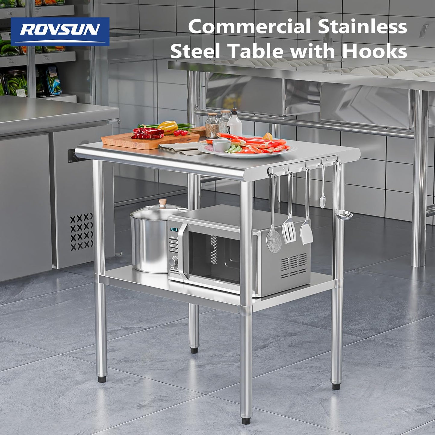 ROVSUN 36'' x 24'' Stainless Steel Table for Prep & Work,Commercial Worktables & Workstations, NSF Heavy Duty Metal Table with Adjustable UnderShelf for Kitchen Restaurant, Home, Hotel, Outdoor