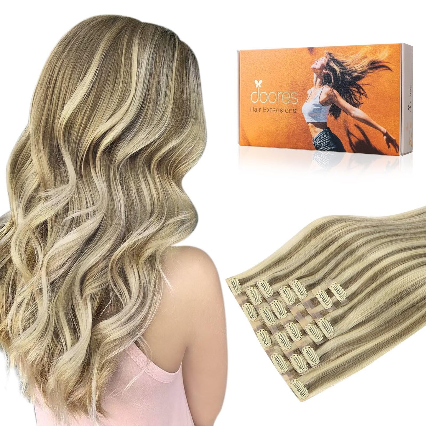 DOORES Clip in Hair Extensions, Light Brown Highlighted Medium Blonde Human Hair Extensions 22 Inch 150g 7pcs, Virgin Hair Exten
