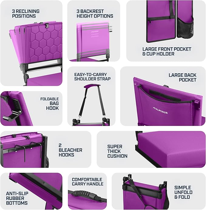 Folding Reclining Stadium Seats with Back Support for Bleachers, Bleacher Chairs with Back and Cushion Seating for Football, Camping Chair, Kayak Seat, Canoe, Paddle Board, Concerts, & Sports Events