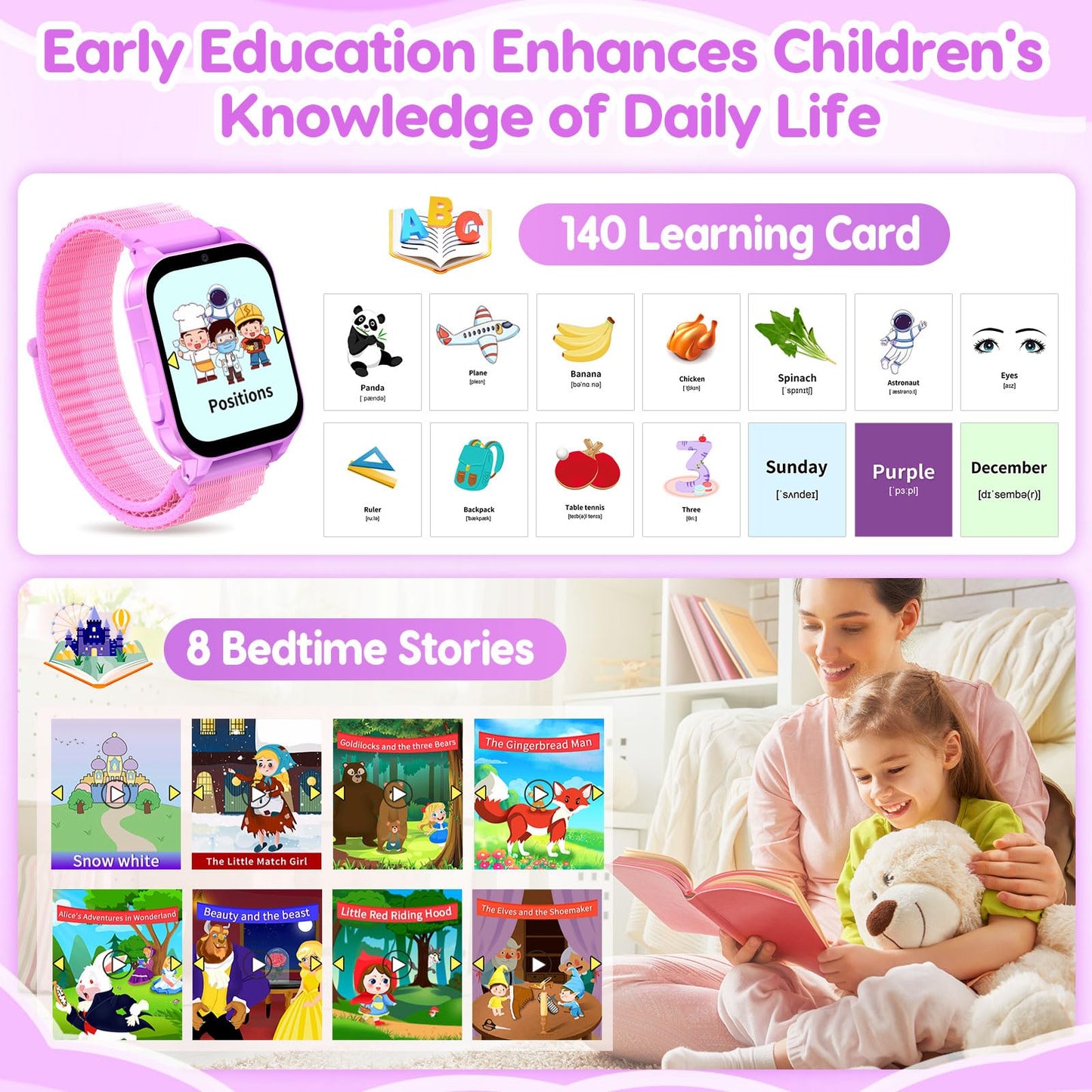 Smart Watch for Kids with 30 Puzzle Games, 140 Educational Learning Cards, Screen Protector, HD Touch Screen, Camera, Music, Pedometer - Perfect for Girls Ages 4-12 as Fun & Educational Birthday Gift