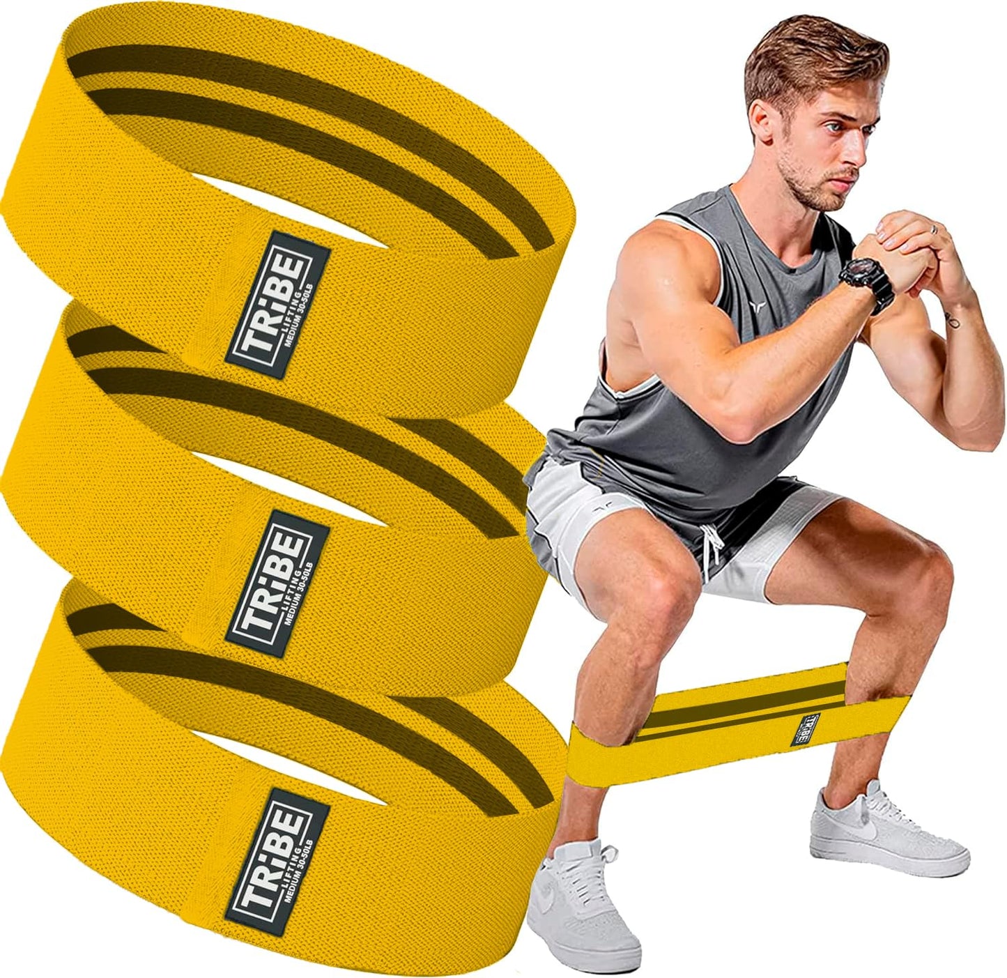 Tribe Lifting Fabric Resistance Bands for Exercise - Hip Bands for Working Out Legs, Glutes, Knees and Thighs for Men and Women - Cloth Circle Booty Bands for Physical Therapy (Yellow)