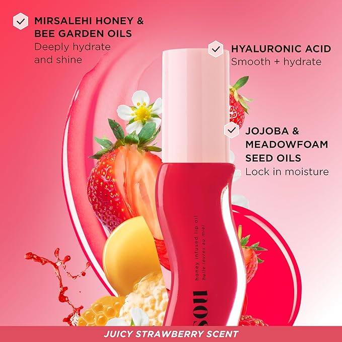 Gisou Honey Infused Hydrating Lip Oil, Nourishing Lip Moisturizer for Dry Lips, 0.27 fl oz (Strawberry Sorbet)