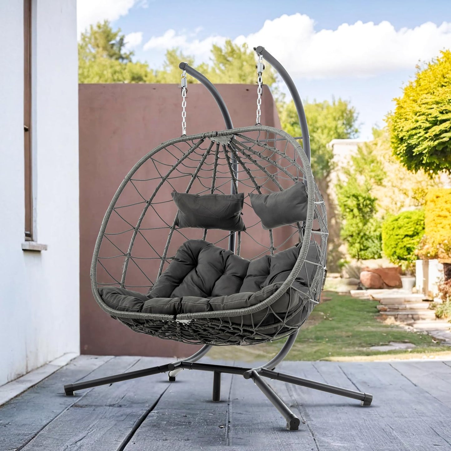 Anranni Double Egg Swing Chair with Stand, 2 Person Outdoor Indoor Hammock Hanging Chair with Cushion,Patio Wicker Hanging Egg Chair w/Cushion 700LBS Capacity for Bedroom, Balcony, Garden