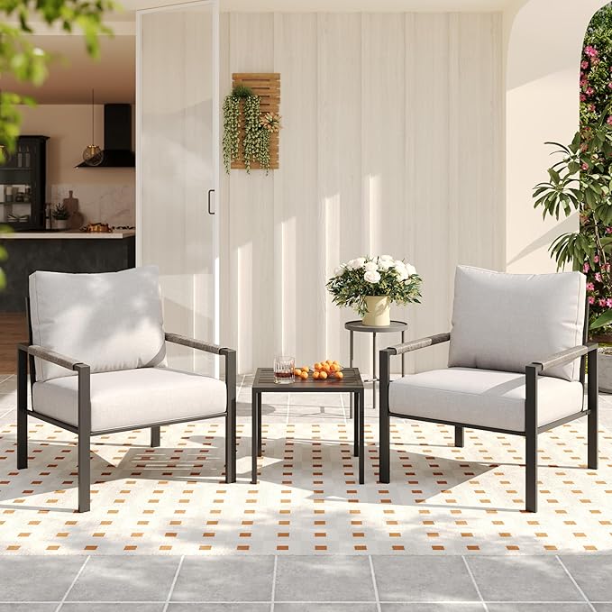 PATIOCHIC 3 Pieces Rattan Outdoor Furniture Set, All-Weather Patio Conversation Set with Warm Grey Cushions and Coffee Table for Garden, Backyard, Balcony, Poolside