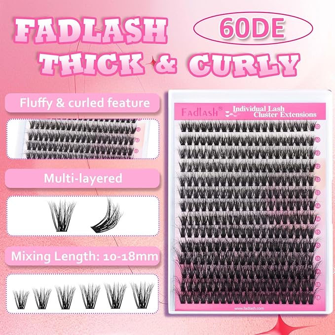 FADLASH Lash Extension Kit 60D Lash Clusters D Curl DIY Eyelash Extension Kit with Lash Bond and Seal Lash Applicator 3D Effect Lash Cluster Kit fluffy (60D Kit, Mix 10-18mm)