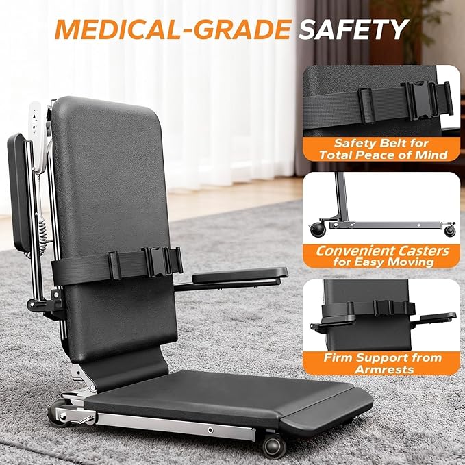 MediHoist Steel Electric Floor Lift Chair with Wheels and PU Cushion, Floor Lift for Elderly, 440 LBS Capacity, Seat Belts and Handrails, Suitable for Home Use
