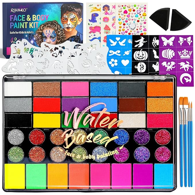 Halloween Party Face Painting Kit for Kids - 42 Colors Professional Face Paint Kit,Non-Toxic face Paint With Stencils, Brush, Gems. For Carnival, Halloween, Costume Makeup and Any Creative Activity