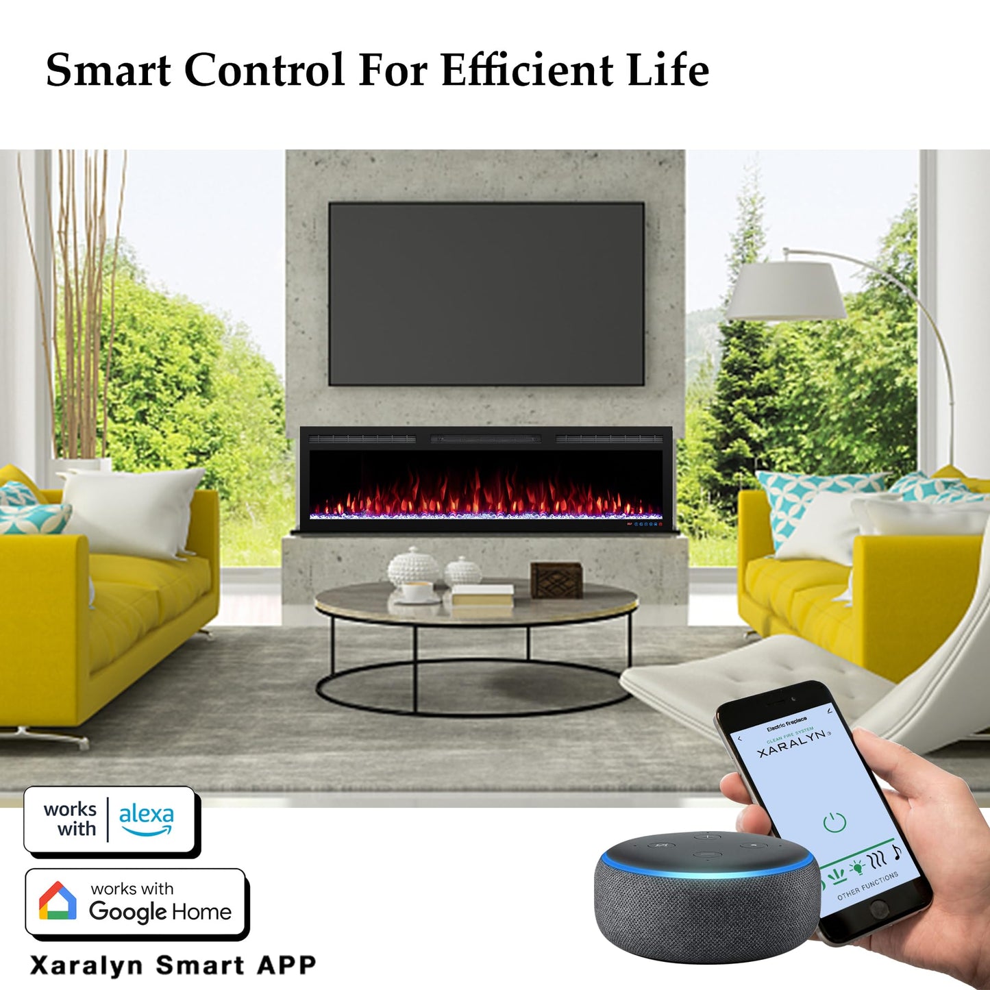 60 inch Electric Fireplace Heater, Smart Control via Alexa& App, Recessed and Wall Mounted Fireplace Insert with Multicolor Realistic Flame Effects,Crackling Sound and Logs& Crystal,5100Btus, Black