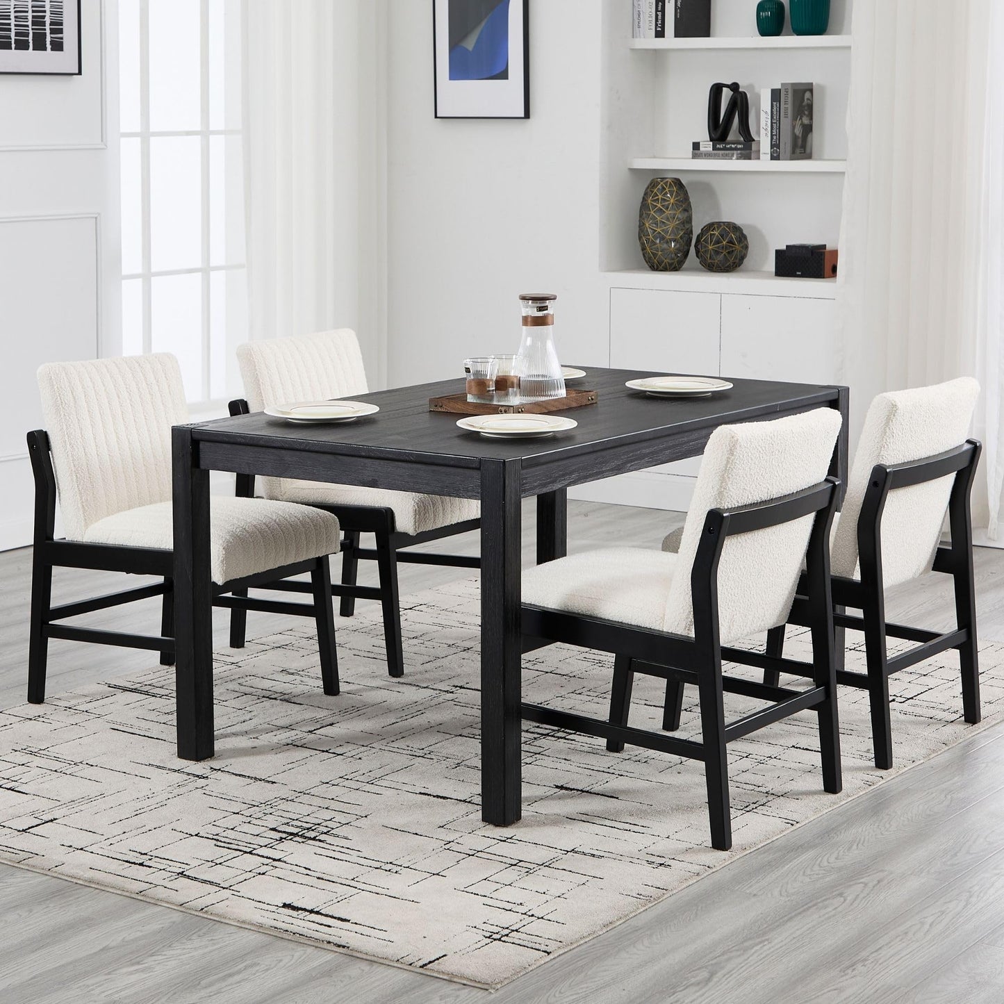 BESTANO Modern Upholstered Dining Chairs Set of 4, Kitchen Dining Room Chairs with Back Armless Accent Side Chairs for Living Room Bedroom Restaurant, Black Wood Leg/White Sherpa Boucle