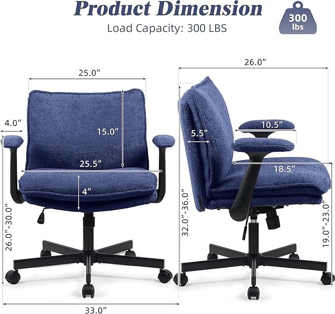 Kassipo Criss Cross Legged Office Chair with Wheels and Flip-Up Arms, Upholstered Criss Cross Desk Chair, Wide Seat Chairs for Home Office, Vanity, Apartment, Navy Blue