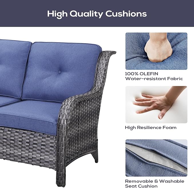 Belord Outdoor Patio Furniture Set with 50000BTU Propane Fire Pit Table, 4 Pieces Wicker Patio Conversation Set with 2 Swivel Rocker Glider Chairs Rattan Sofa Blue Cushion Perfect for Gathering