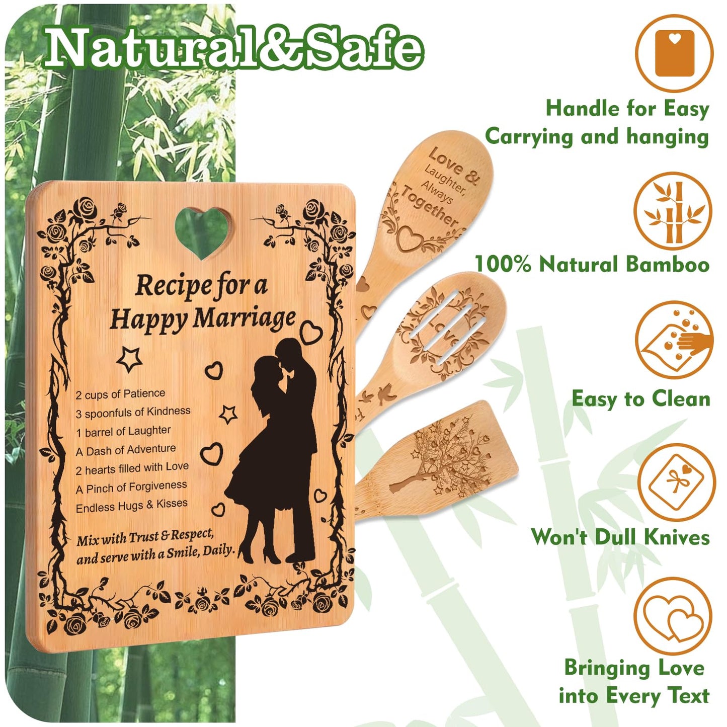Bridal Shower & Engagement Gift for Couples 2025: Bamboo Cutting Board Set with Engraved Kitchen Utensils, Personalized Wedding Gifts for Bride and Groom - Newlyweds Housewarming Recipe Design