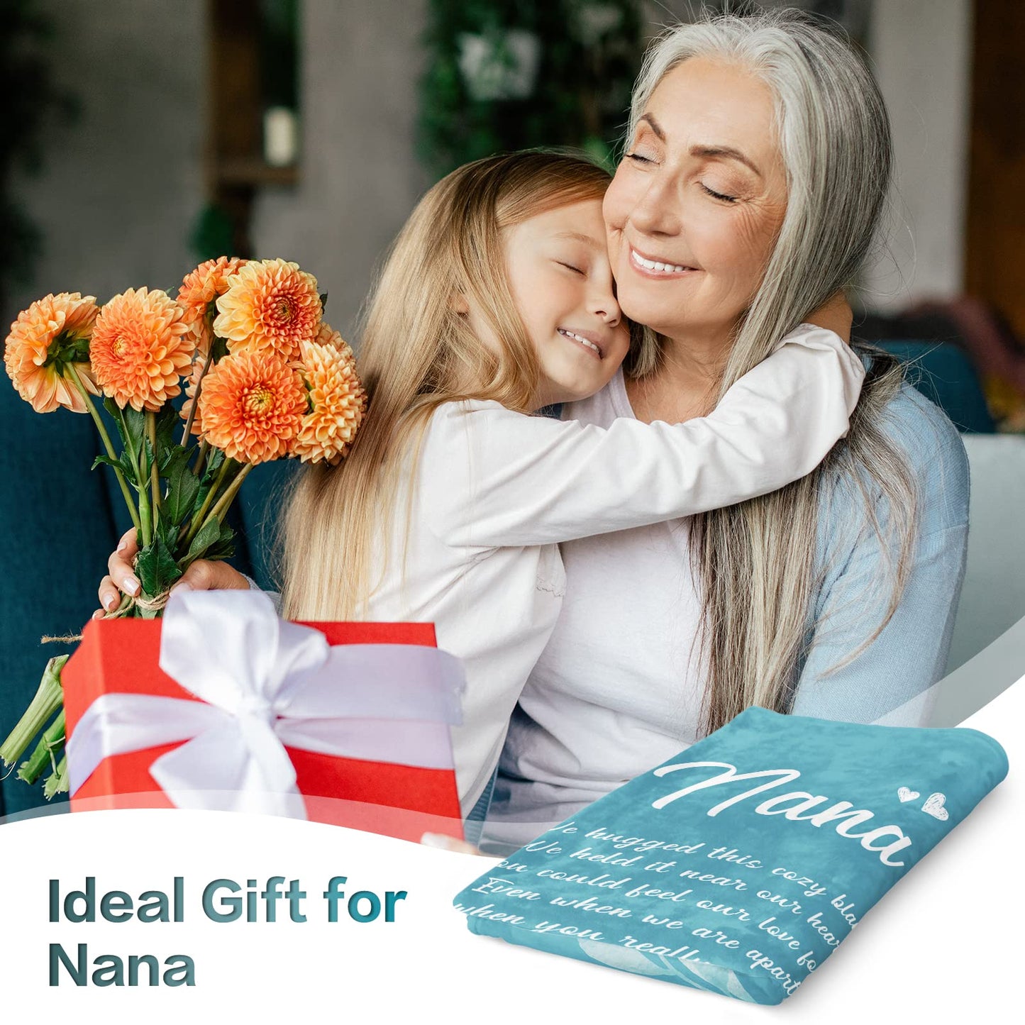 Afterprints Nana Blanket with Flowers & Letter Print, Nana Gifts for Birthday, Grandparents Day, Gifts for Nana from Grandkids, Soft Throw Blankets 50" x 60"