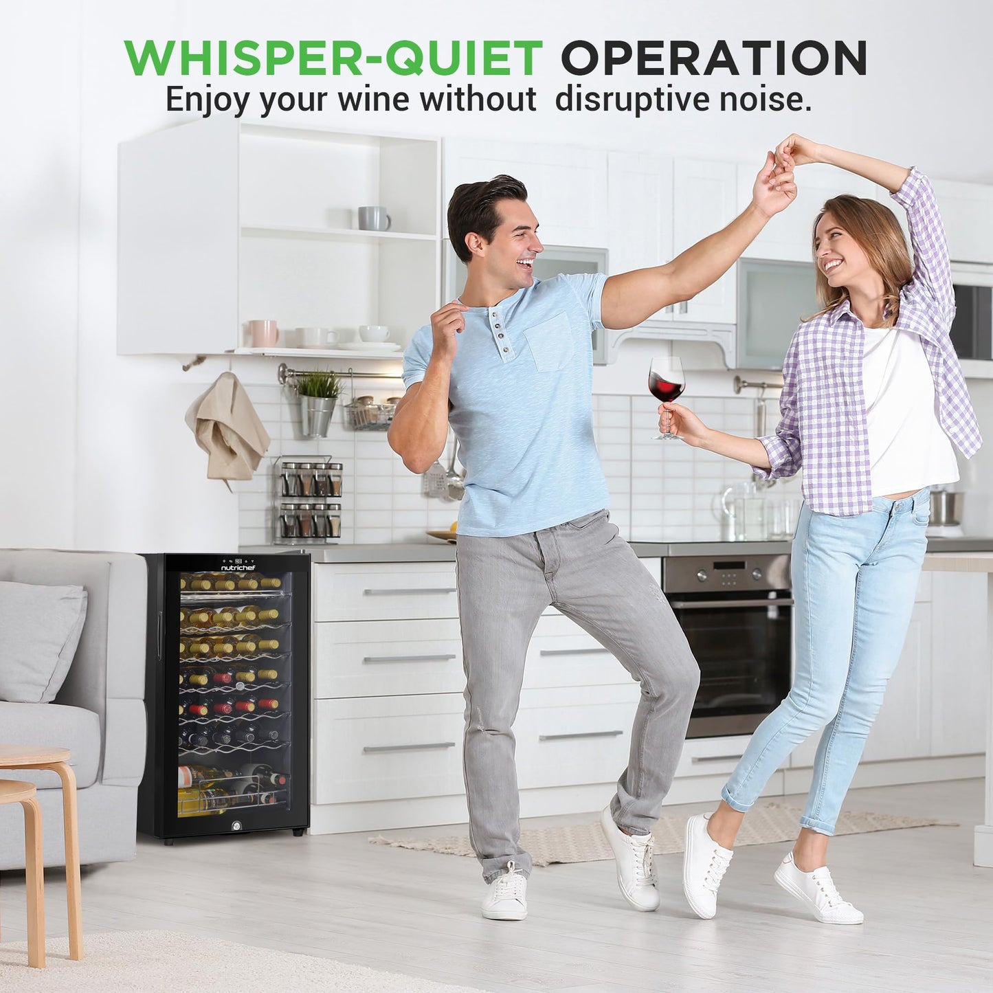 Nutrichef 34 Bottle Wine Fridge | Single Zone Wine Chiller Great for both Red & White Wines | Adjustable Temp 41°F - 64°F | Ultra Quiet Operation | Wine Cooler for Home & Office | 33x19x17 IN (Black)