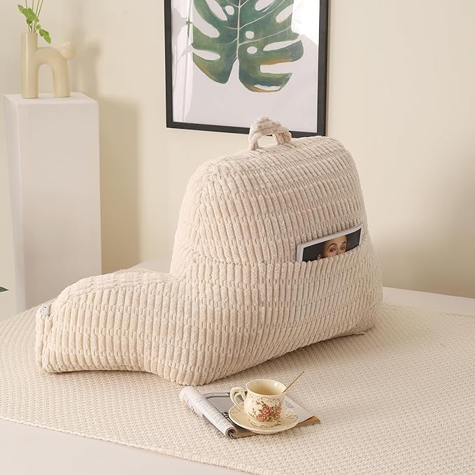 PAJEO Reading Pillow for Sitting in Bed, Large Backrest Reading Pillow with Arm Rest,Back-Rest Support Cushion for Sit Up on Couch, Sofa, and Floor, Dorm Essentials (Cream Corduroy, Large(19"))