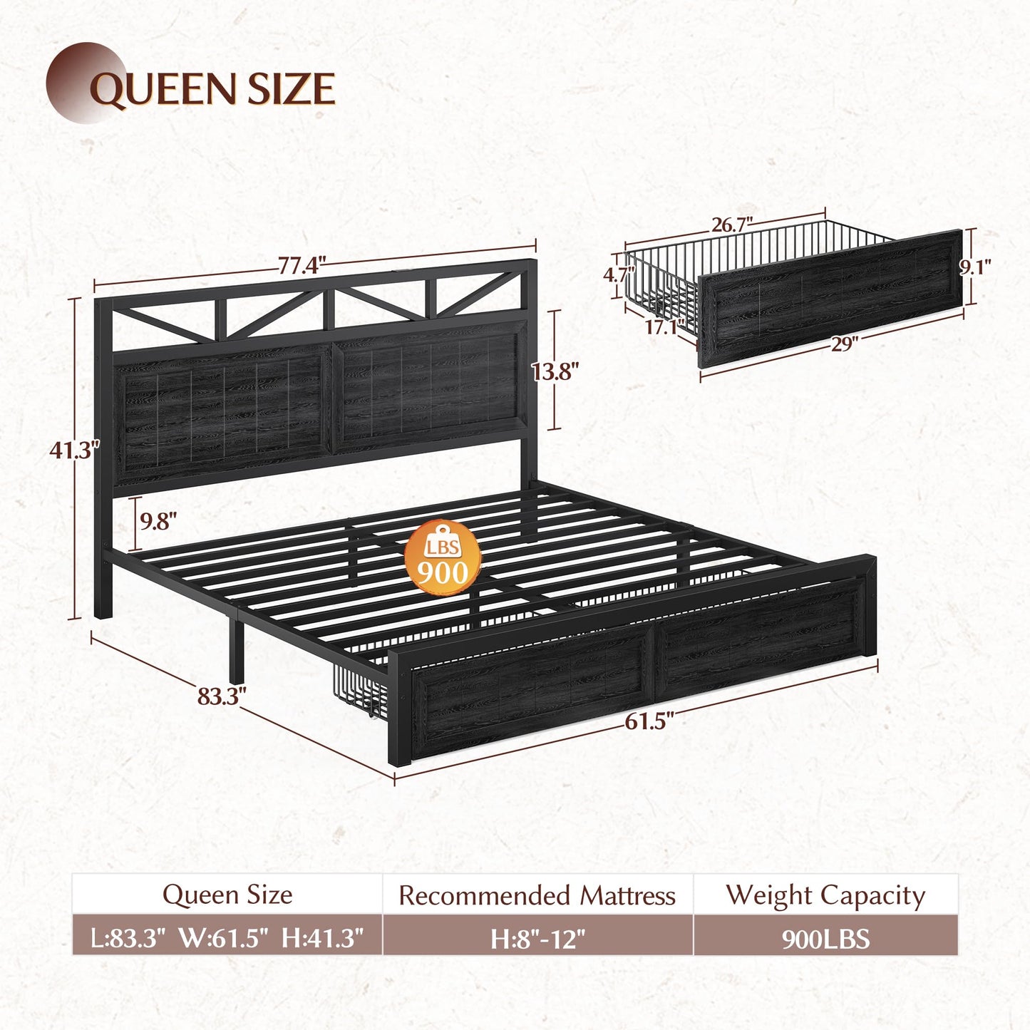 EnHomee Queen Size Bed Frame with 2 Storage Drawers and Headboard Built in Charging Station & LED Light,NO Noise,No Box Spring Needed,Black