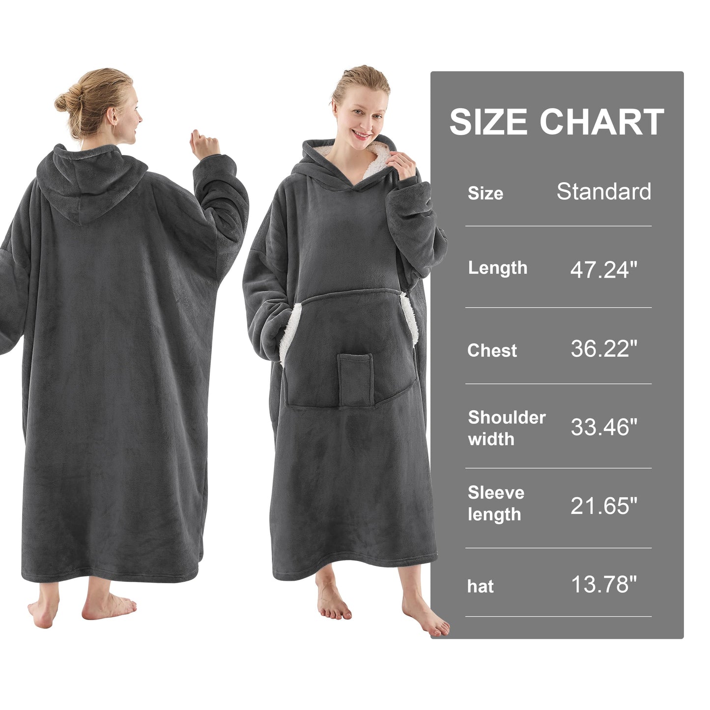 NORD ECO Wearable Blanket Hoodie-Birthday Christmas Gifts for Women Mom Girlfriend - Oversized, Hooded Sweatshirt Blanket with Pockets & Sleeves, Extra-Long Outdoors Use(Dark Grey)