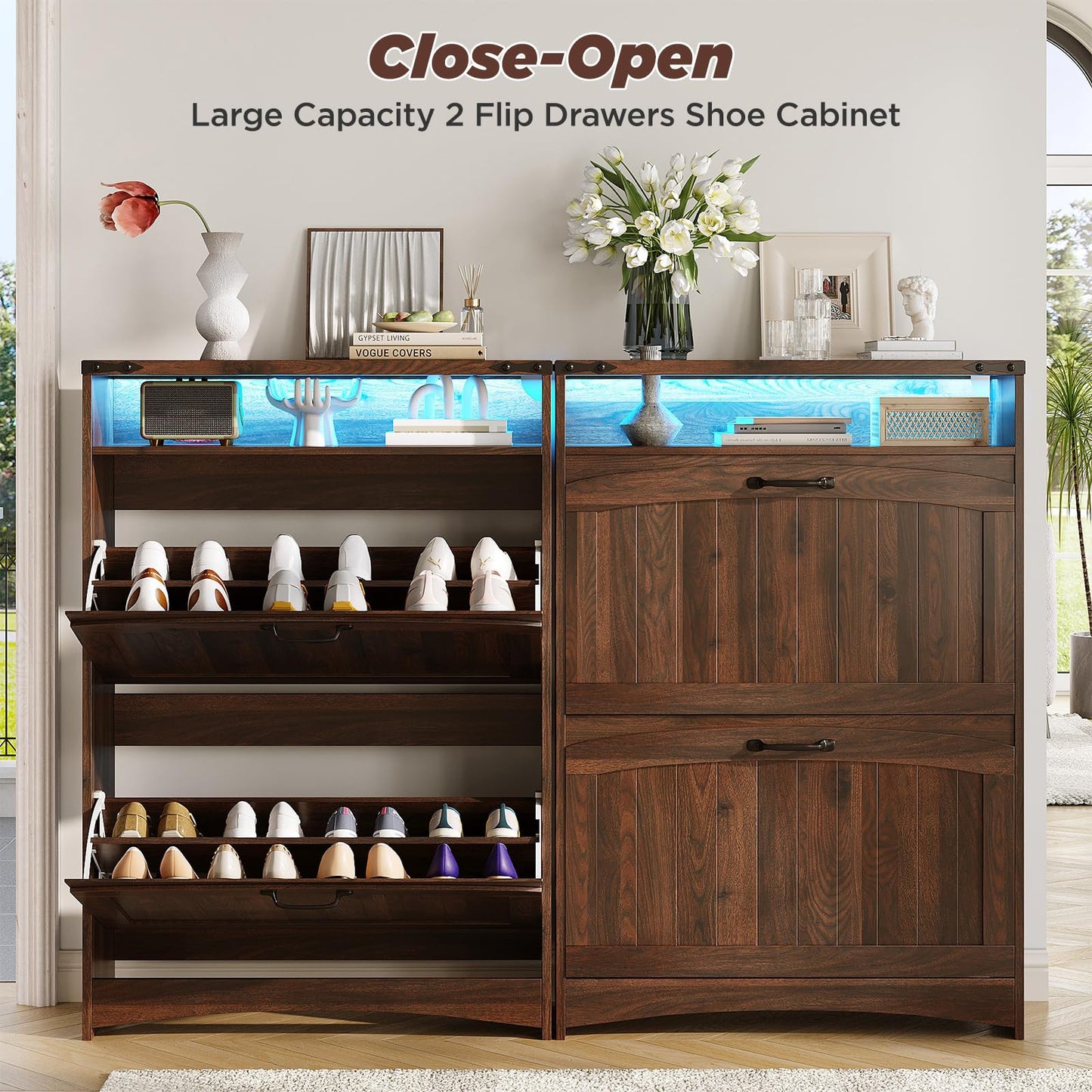 Maupvit Shoe Storage Cabinet with 2 Flip Drawers & Open Storage & RGB Lights, Narrow Shoe Rack Organizer Cabinets, Slim Shoe Cabinet for Entryway, Entrance, Hallway, Foyer, Walnut Brown