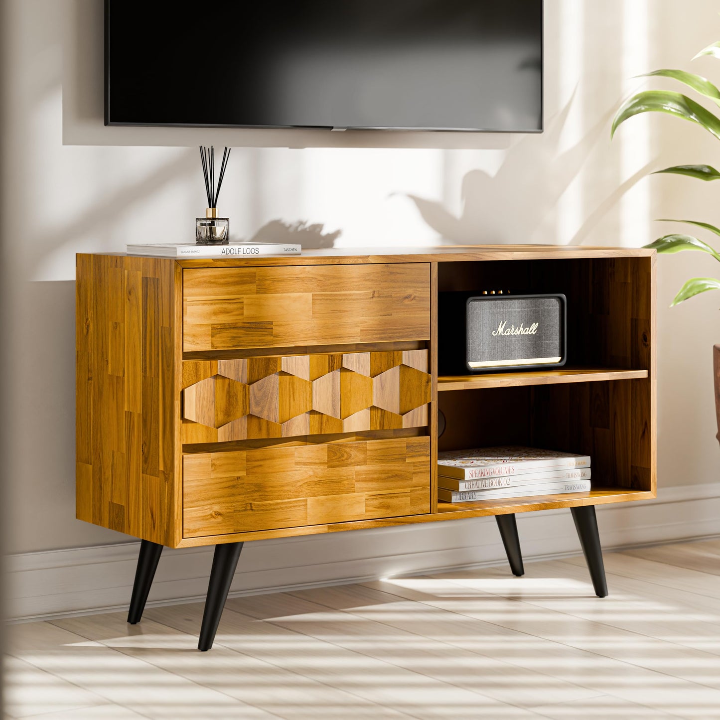 Bme Georgina 45 Inch Solid Wood TV Stand, Under 10 Minutes Assembly Entertainment Center with Storage, Geometric Pattern TV Console for Living Room, Bedroom, Dinning Room - Teak Brown