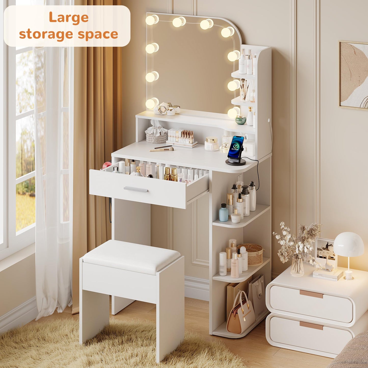 Small Makeup Vanity Desk with Mirror and Lights, 26.4" Small Vanity for Small Space with Stool and Charging Station, Compact Vanity with 3 Color Lighting Modes (White)