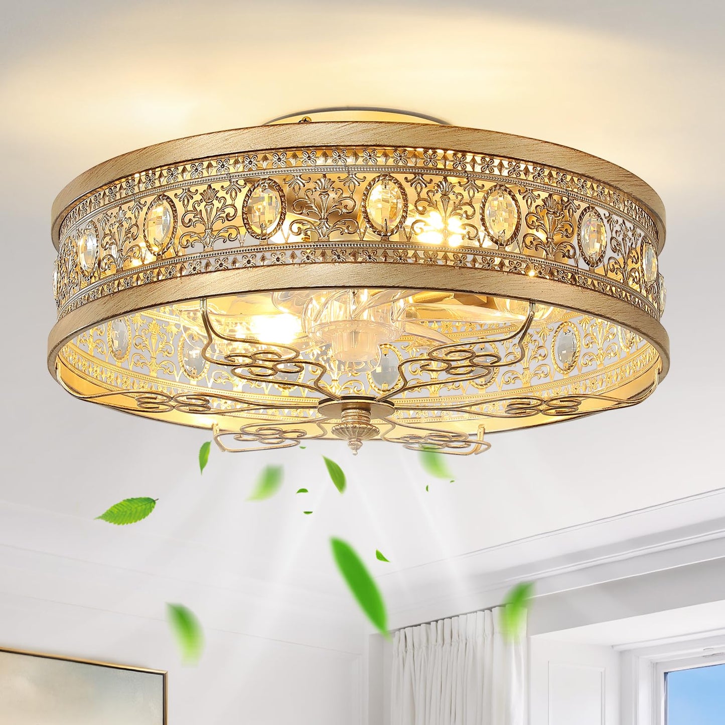 KAISITE Caged Ceiling Fan with Lights 19" Gold Vintage Rustic Crystal Fandelier Farmhouse Ceiling Fan with Remote Low Profile Bladeless Chandelier Fan Light Fixture for Bedroom Kitchen Living Room
