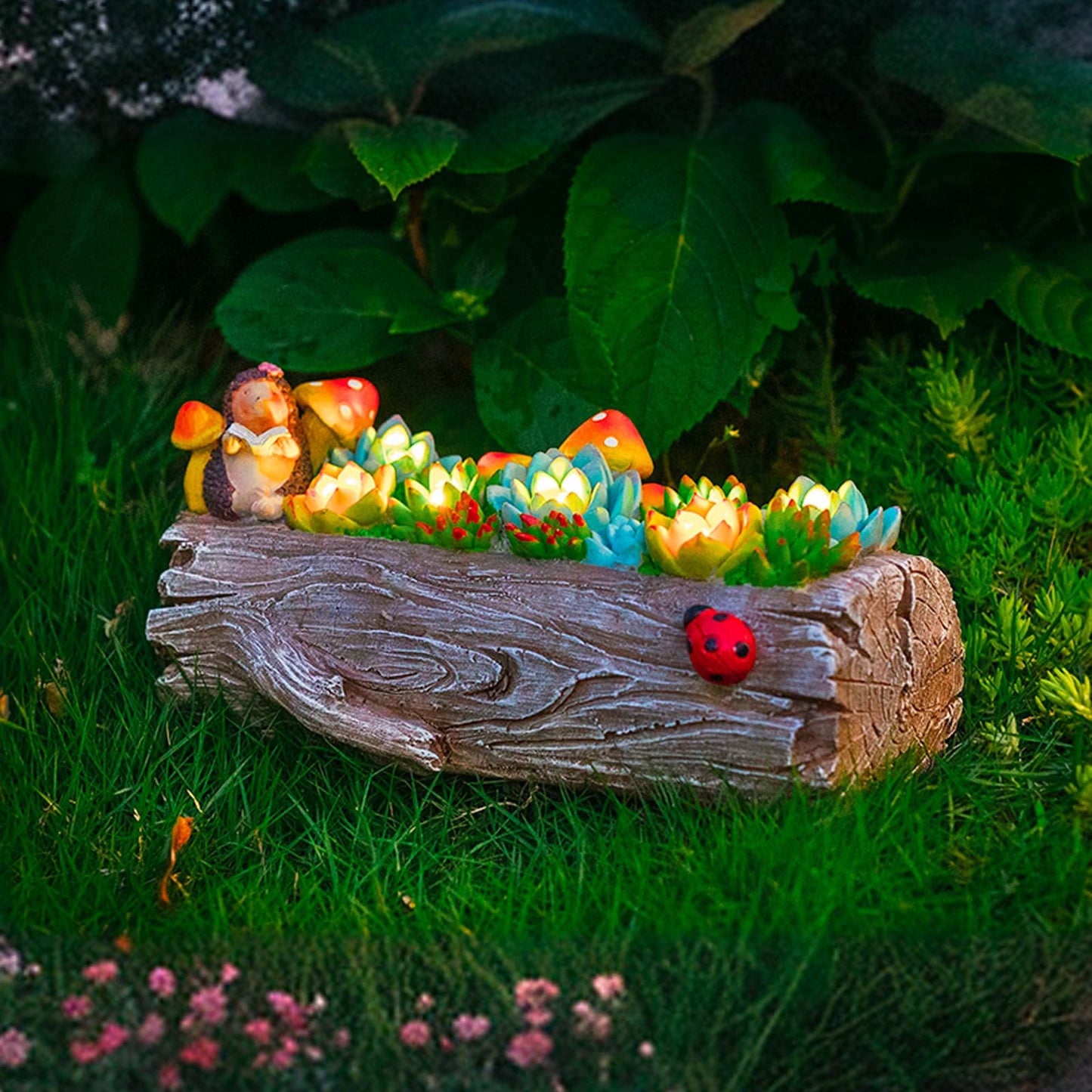 ZQQLITE Garden Solar Figurine Light - Stump Succulent Solar Light Outdoor, Solar Powered Lighting Outside Decorations Yard Art Lawn Ornaments for Porch Patio Balcony - Succulent Gifts for Women Mom