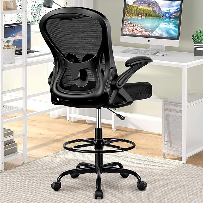 Winrise Drafting Chair, Tall Office Chair Ergonomic Standing Desk Chair, Lumbar Support Computer Chair Swivel Task Rolling Chair with Adjustable Flip-up Armrests Black Pack of 10