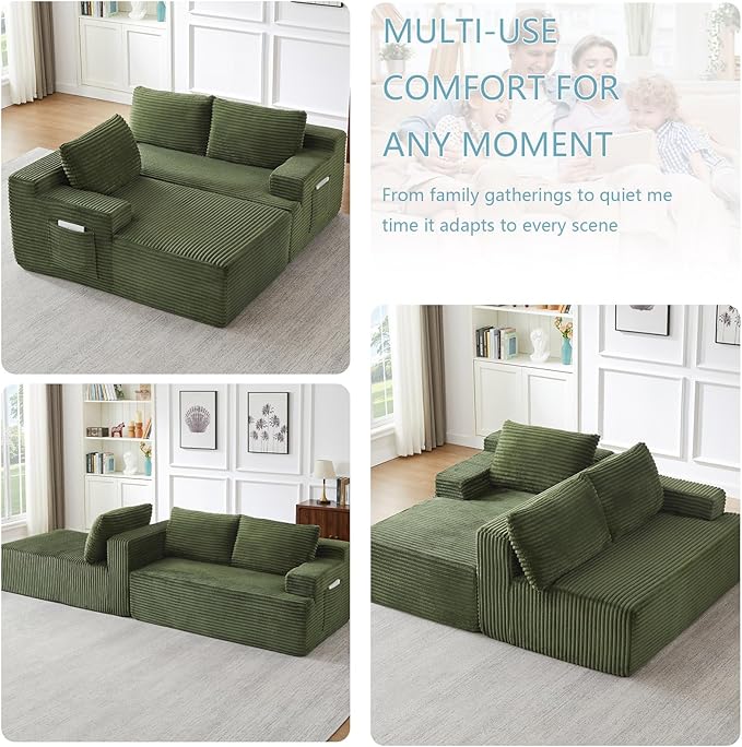 96" Cloud Sectional Couch with L-Shape Chaise, Modern Corduroy Boneless Couch for Living Room,Memory Foam Sofa with Deep Seat,No Assembly Required (Green,Left-Facing Chaise)