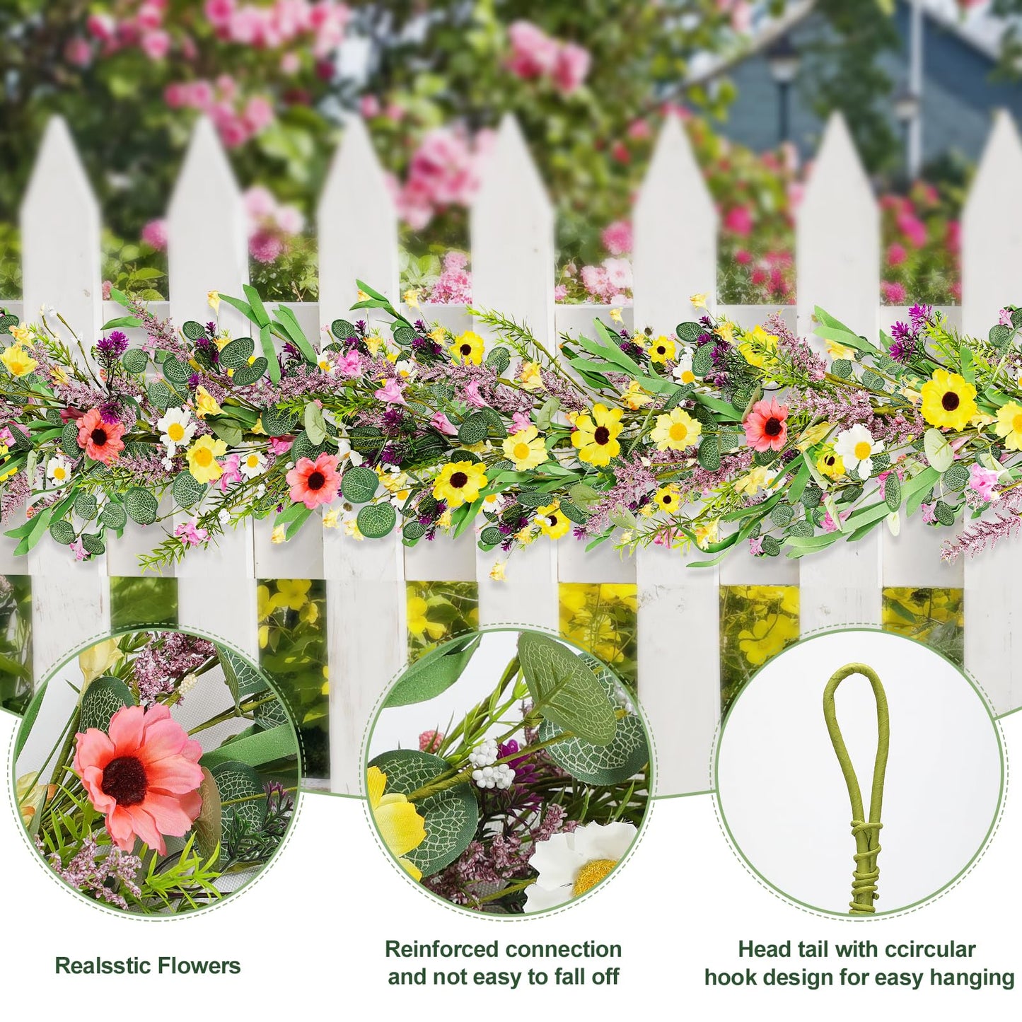 6 ft Artificial Wildflower Garland Wisteria Lavender Garland Daisy and Lavender Faux Floral Vine Summer Spring Floral Fake Wreath All Year Round Home Decor for Indoor Outdoor Home Wedding Arch