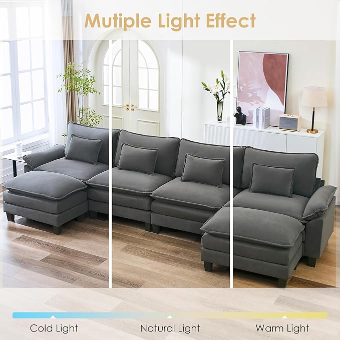URRED Cloud Couch Modular Sectional Sofa, 157" Modern U Shaped Deep Seat Sofa with 2 Ottomans & Pillows, Ultra Comfy VelvetCouches for Living Room, Bedroom or Apartment, Dark Gray