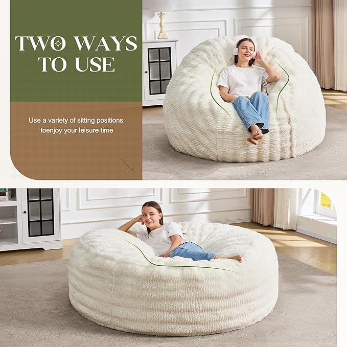 Hobestluk Bean Bag Chairs Beanbag Chair with Filler Adult Bean Bags with Fluffy Ripple Cover, Giant Bean Bag Chairs for Adults (White, 6FT - 70" x 70" x 15")