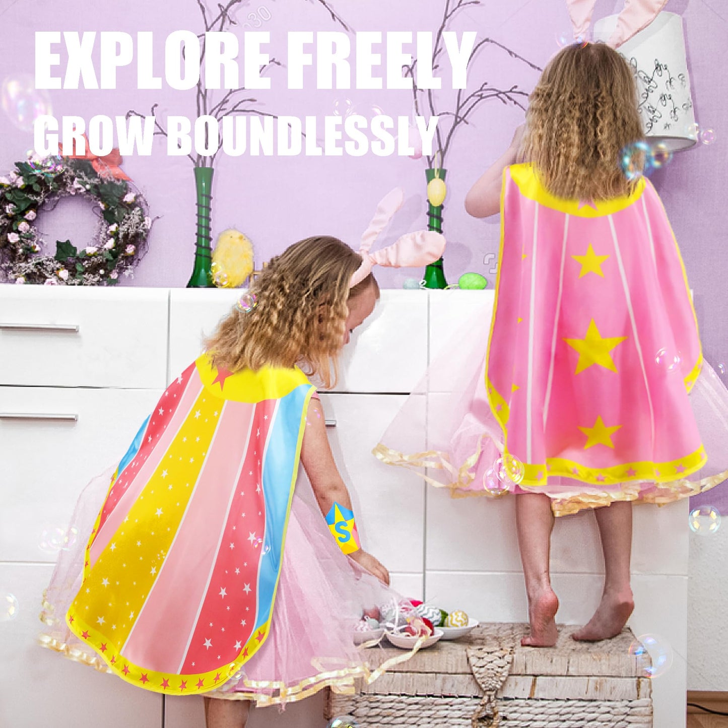 iROLEWIN Star Superhero-Costumes-Cape and Mask for Kids Girls Boys Super Hero Party Gifts Toys as Halloween Dress Up with Bracelets (Pink)