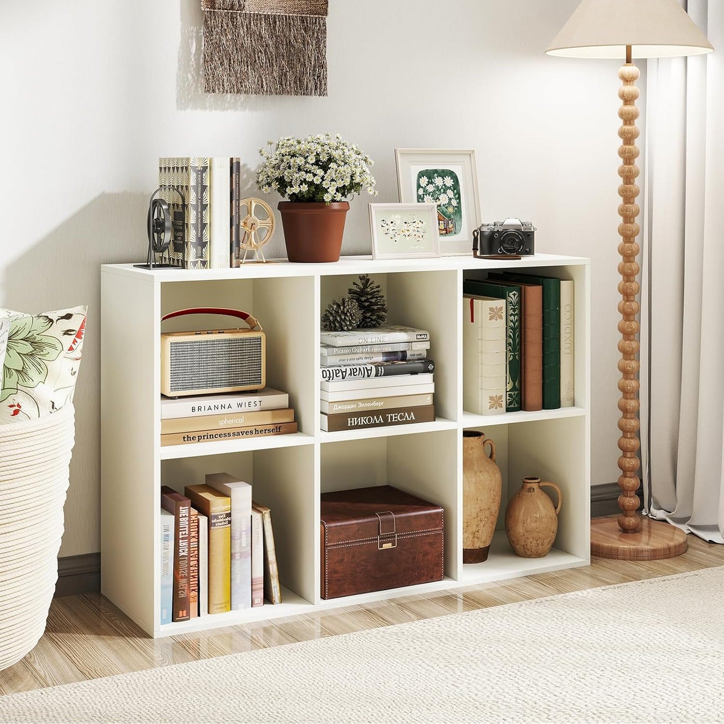 Giantex 6-Cube Bookcase, 3-Tier Cubby Bookshelf, Horizontal Vertical Display Rack with Anti-Tipping Kits, Modern Storage Organizer Shelf Unit for Bedroom, Living Room, Study Room, White
