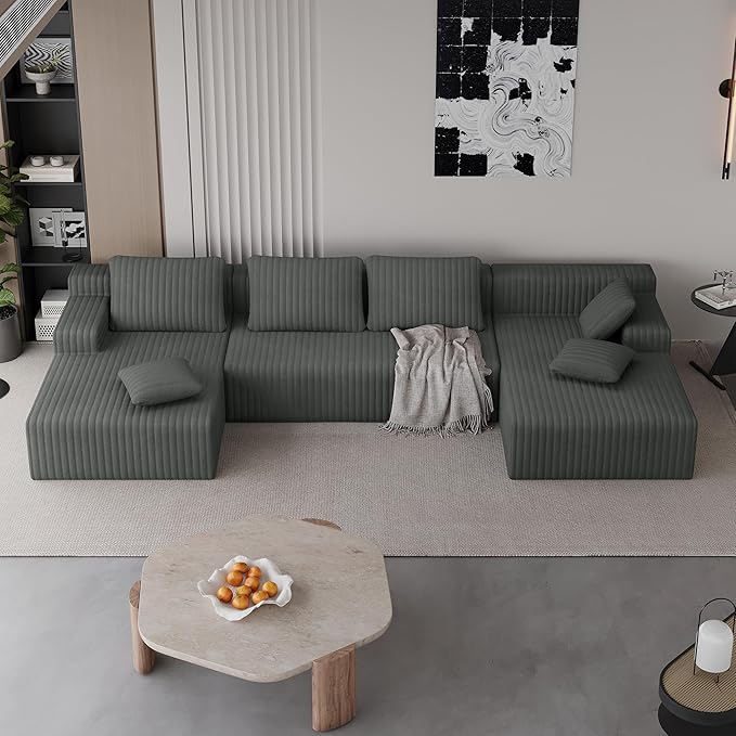 LAUSAINT HOME 132" Modular Sectional Sofa Couches, U-Shaped Boneless Cloud Sofa with 4 Deep Seat, 6 Cushiones Oversized Chaise for Living Room, Bedroom, Plush Corduroy Fabric (U Shaped Sofa, Grey)