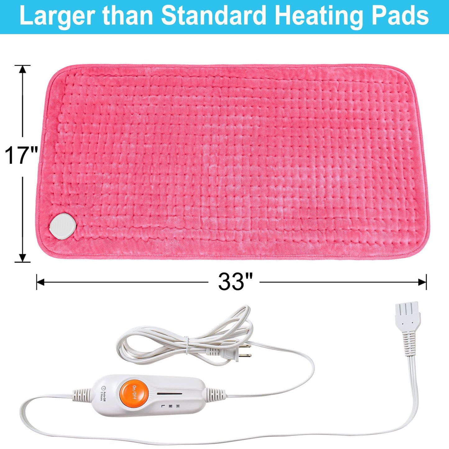 Boileau Electric Heating Pad for Back Pain and Period Cramps Relief, 17"x33" Extra Large XXXL, 3 Heating Levels Heat Pad with 2-Hour Auto Shut Off, Gifts for Women and Mom, Pink