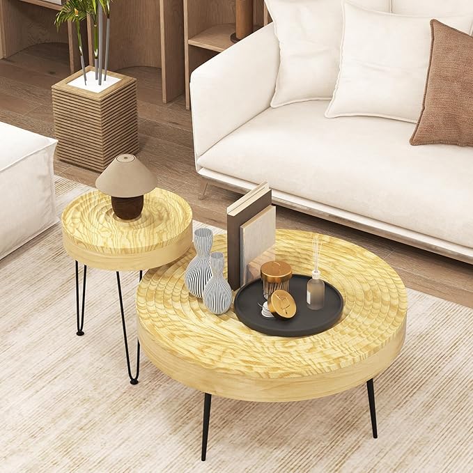 Giantex Boho Round Coffee Table Set of 2, Sofa Side Nesting Table with Solid Pine Wood Top, Metal Legs & Adjustable Foot Pads, 31.5" D Large Table Set for Living Room (Ring Pattern, Natural)