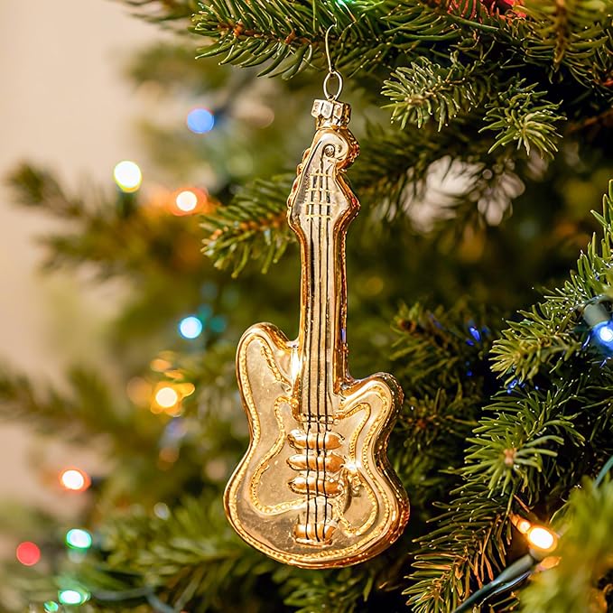 WDS WONDROUS Guitar Christmas Ornament & Decoration, 2.36” Glass Guitar Hanging Ornament Set for Xmas Tree Gold Decor Holiday Party Home Gift