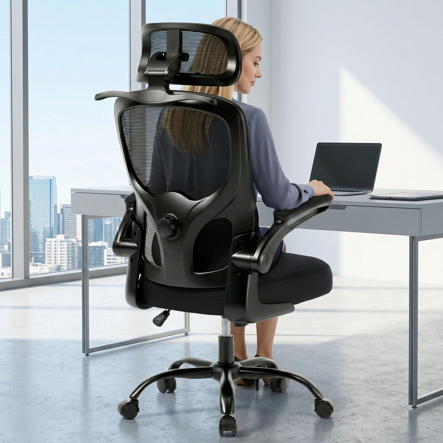 Yulincke 330Lbs Ergonomic Office Chair with 3D Headrest, Home Office Desk Chairs with Adjustable Lumbar Support,Flip-up Armrests, Thickened Cushion – Breathable Mesh Design for Long-time Sitting