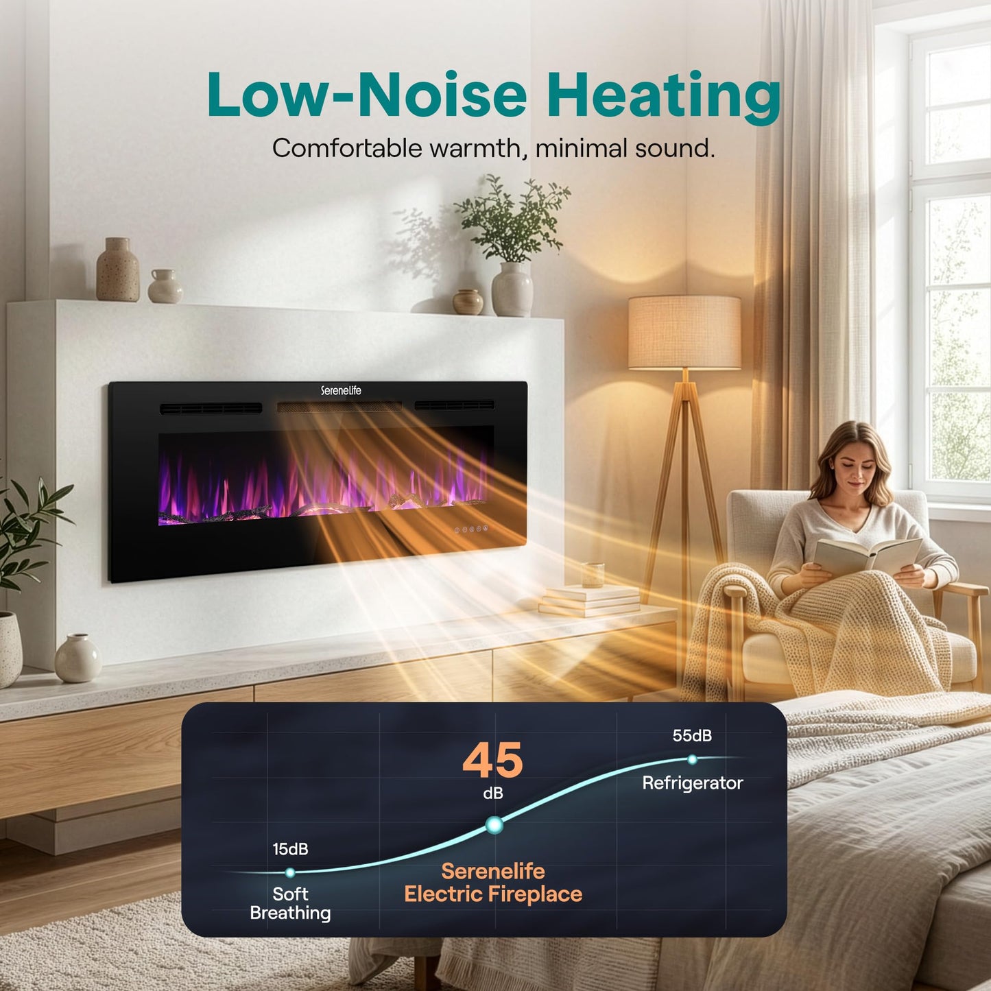SereneLife 50 inch Electric Fireplace Heater with LED Flame, Smart Wi-Fi, Remote, Thermostat, 13 Color Modes, Recessed or Wall Mounted Fire Place, Quiet Operation, Overheat Protection, Black Frame