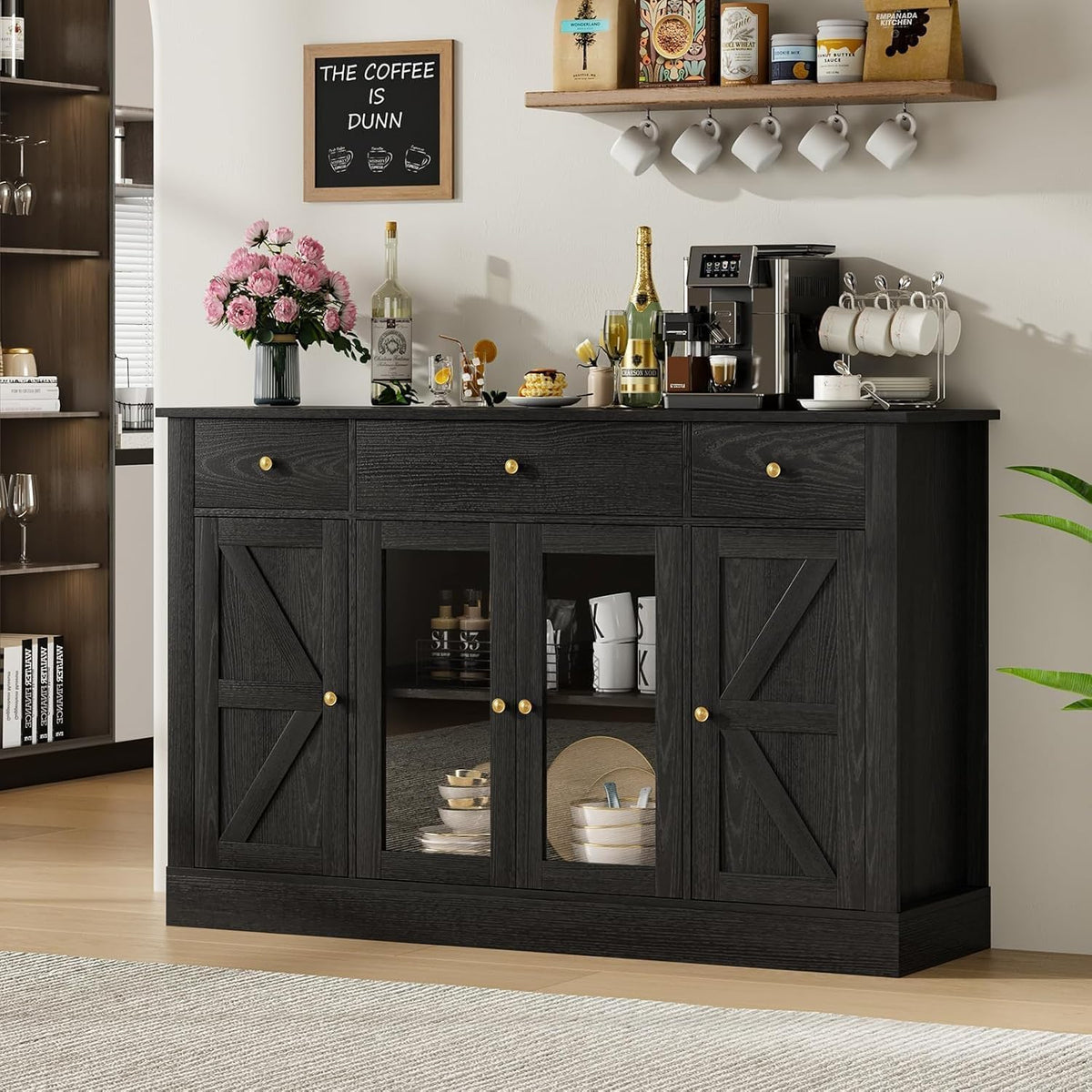 4 EVER WINNER Black Buffet Cabinet with Storage, 55" Coffee Bar Cainets with 3 Drawers and Glass Doors, Sideboard Buffet Cabinet for Kitchen, Living Room