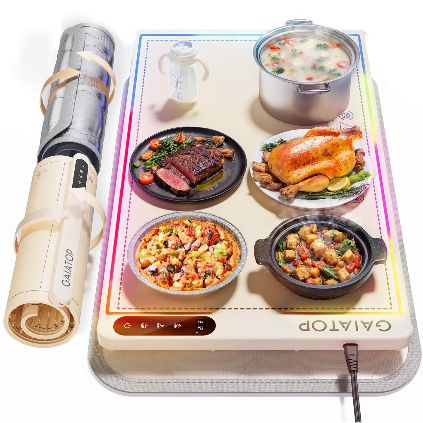 Gaiatop Warming Mat for Food with Trivet & Light, Plateful Food Warming Mats for Countertop, 6 Temp Level, 6 Timer Settings, Full-Surface Fast Heating, Portable Silicone Food Warmer for Parties Buffet
