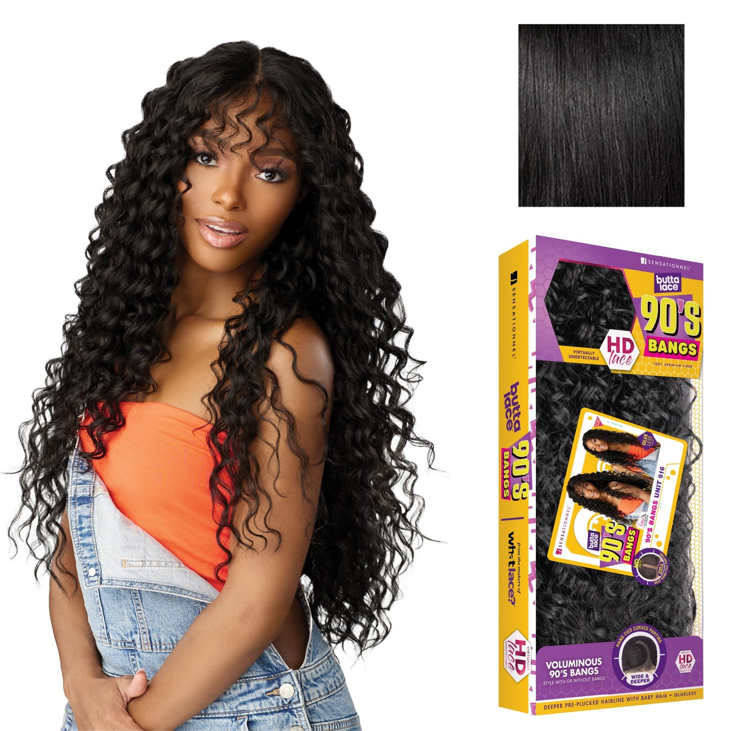 Sensationnel Butta Lace 90Sbangs Wigs - Unit 916 Glueless Wide Deep Center Part Synthetic Preplucked Hairline (1 JETBLACK)