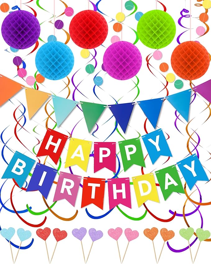 Oomloid Happy Birthday Party Decorations - Colorful Happy Birthday Banner Swirl Streamers Honeycomb Balls Circle Dots Garl...