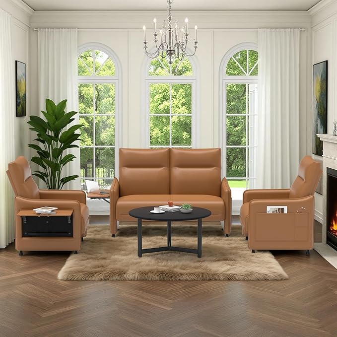 Tbillionnext 3-Piece Living Room Sofa Set, Faux Leather Loveseat & Accent Chairs Set of 2 with Hidden Foldable Tray & Side Pocket, Rear Contour Arm Design, Upholstered Sofa Set for Office, Brown