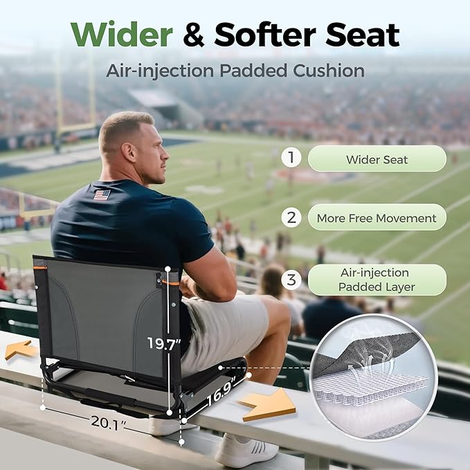 GREEN PARTY Portable Folding Stadium Seats Extra Wide 20.1" Chair for Bleachers Set of 2 with 2 Storage Pockets & Mesh Cup Holder, 600D Oxford Fabric Comfortable Padded Cushion Back Support Black