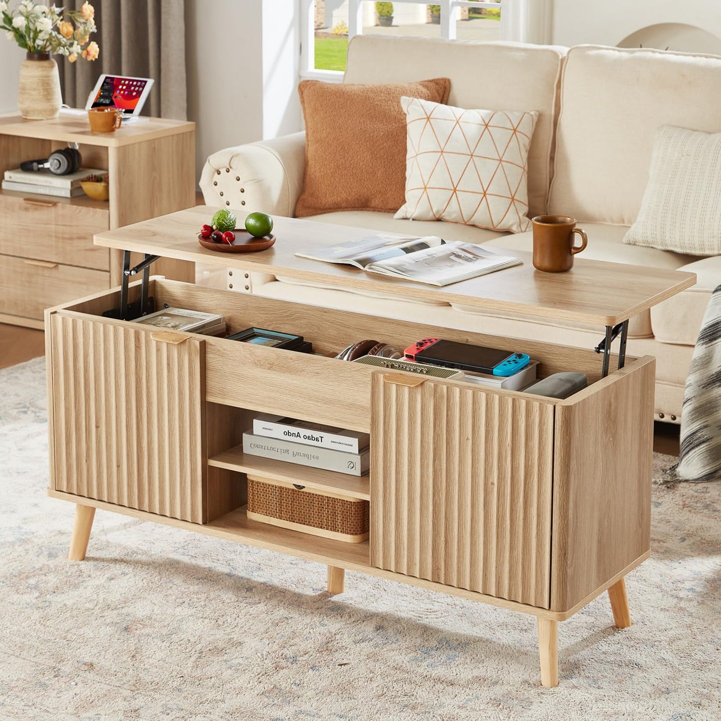 LEYAOYAO 48" Fluted Lift Top Coffee Table with Hidden Storage & Adjustable Shelves, Lifting Tabletop Large Rectangular Coffee Tables, Mid Century Modern Wood Center Table for Living Room, Natural