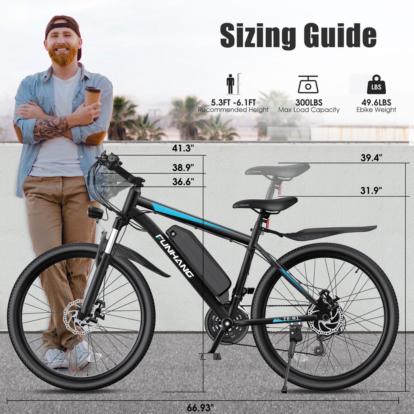 Funhang Electric Bike for Adults, Peak 1000W Ebike, 50Miles 21.7MPH Adult Electric Bicycles, 26" Electric Mountain Bike 48V 374.4WH Battery, Commuter E Bike with Adjustable Stem, Fenders, 21 Speed